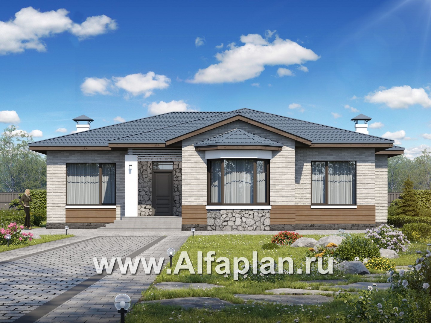 «Калипсо» - проект одноэтажного дома, с сауной и с эркером, с террасой (варианты планировки) - основное изображение